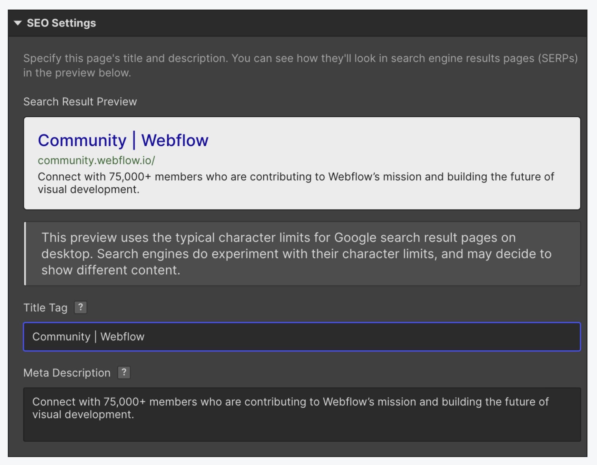 A snippet of the Webflow CMS, displaying the SEO settings, Title Tag text box, Meta Description text box, and a preview of the search result rendering.